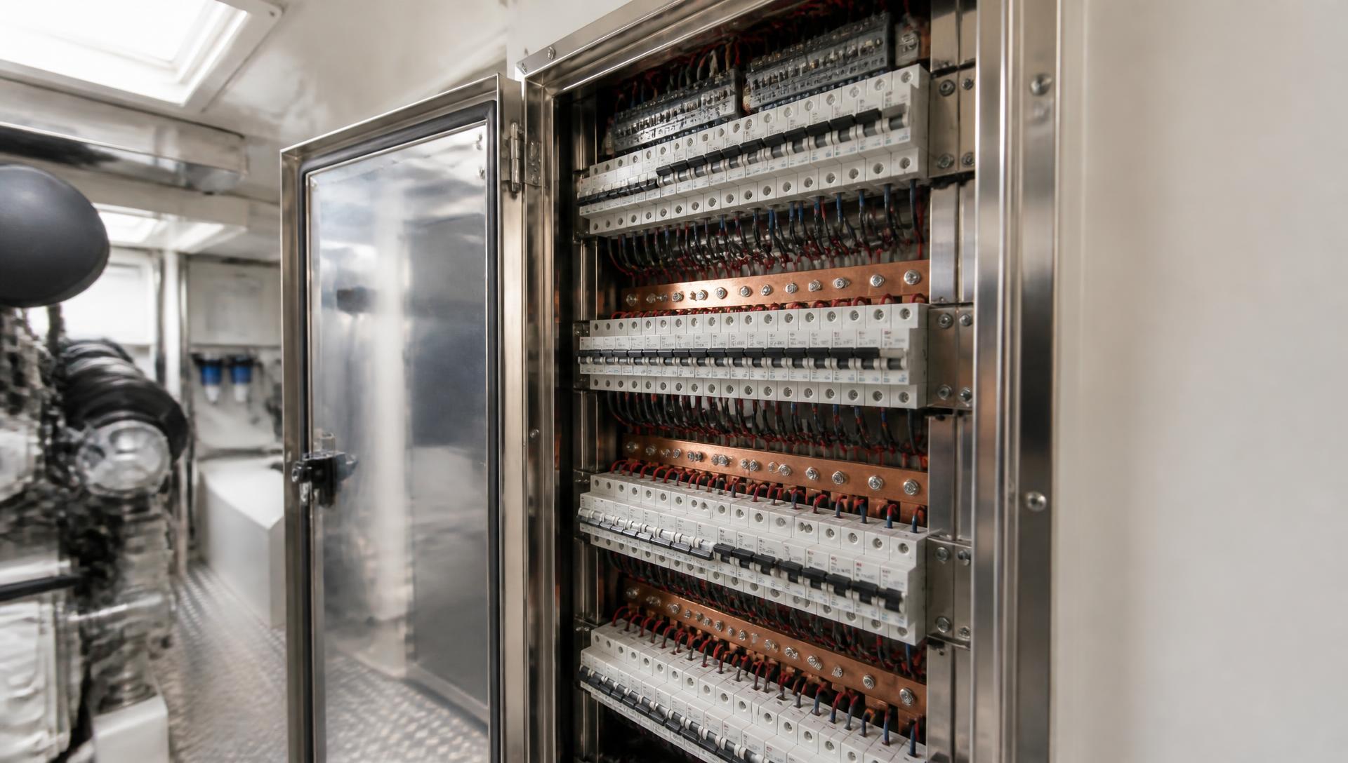 Main electrical distribution panel with labeled breakers and copper busbars in a yacht engine room