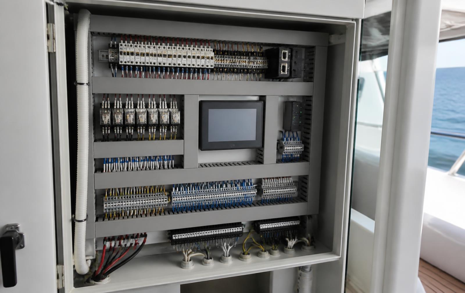 Control and automation cabinet aboard a yacht with relays, terminal blocks and a touchscreen interface