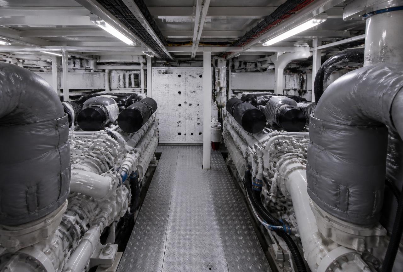 Superyacht engine room with twin main engines, insulated pipework and overhead cable trays