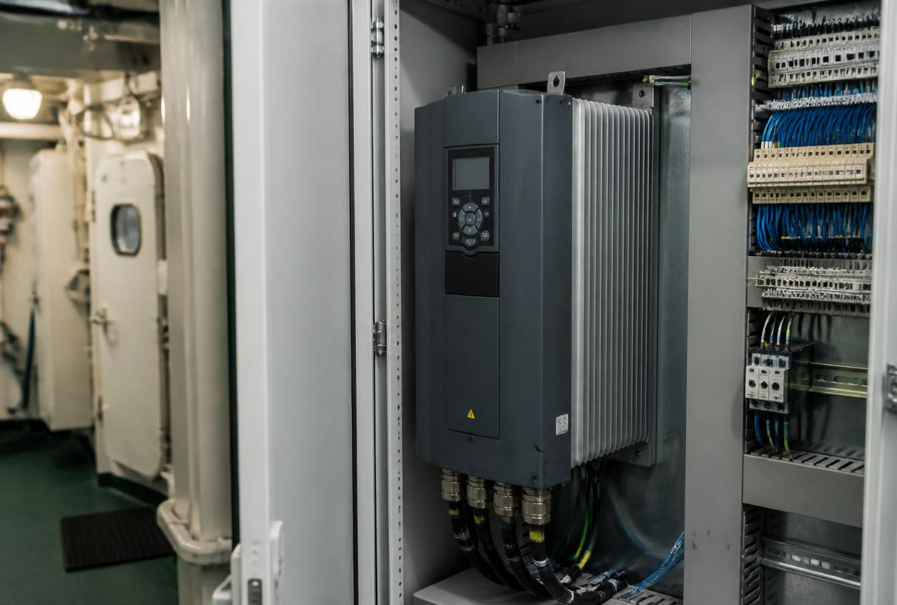 Variable frequency drive mounted in an open shipboard control cabinet with shielded motor cables