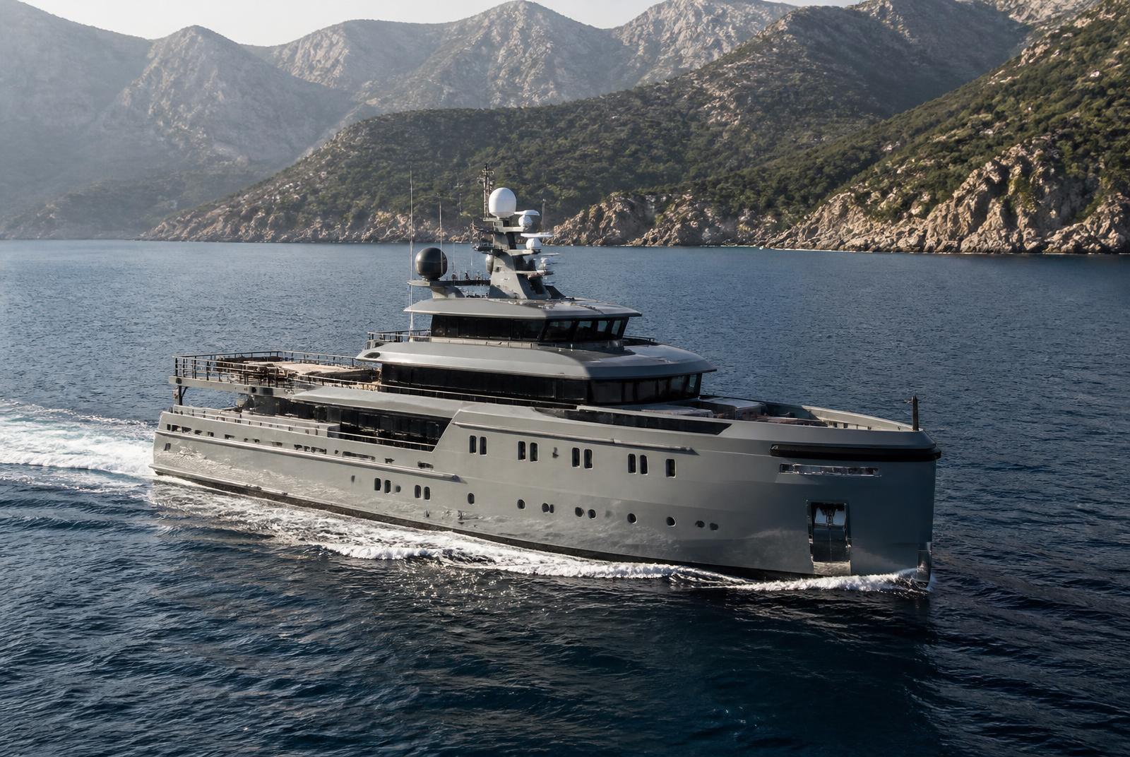 Grey explorer-style superyacht underway along a mountainous coastline